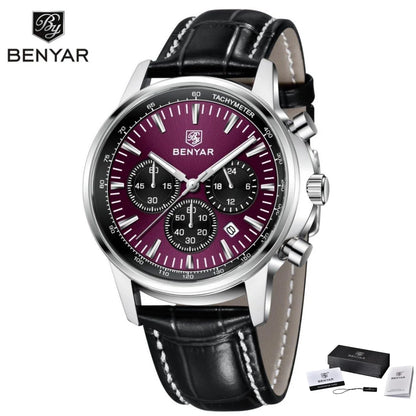 Montre de luxe pour homme Benyar – Chronographe avec date, bracelet en cuir, étanche, luminescente, style sportif et militaire, montre à quartz