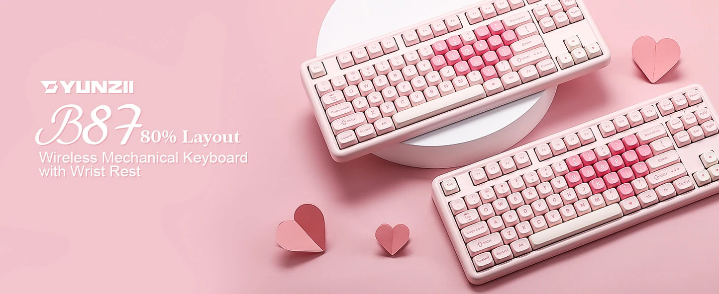 YUNZII B87 Pink Mechanical Gaming Keyboard, QMK/VIA Custom Gasket RGB Keyboard, Wireless Aesthetic Keeb, Wrist Rest for Win/Mac