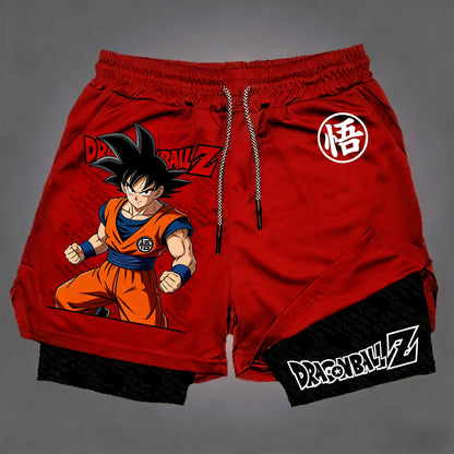 Pantalones cortos de doble capa para hombre de Dragon Ball, Son Goku, verano, anime japonés, imitación, dos piezas, deportivos, fitness, de secado rápido