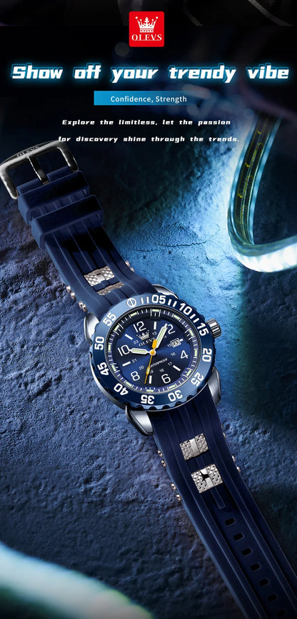 OLEVS Luxe herenhorloge met kwartsmechanisme, waterdicht, lichtgevend oranje siliconen band, sportieve herenhorloges in militaire stijl