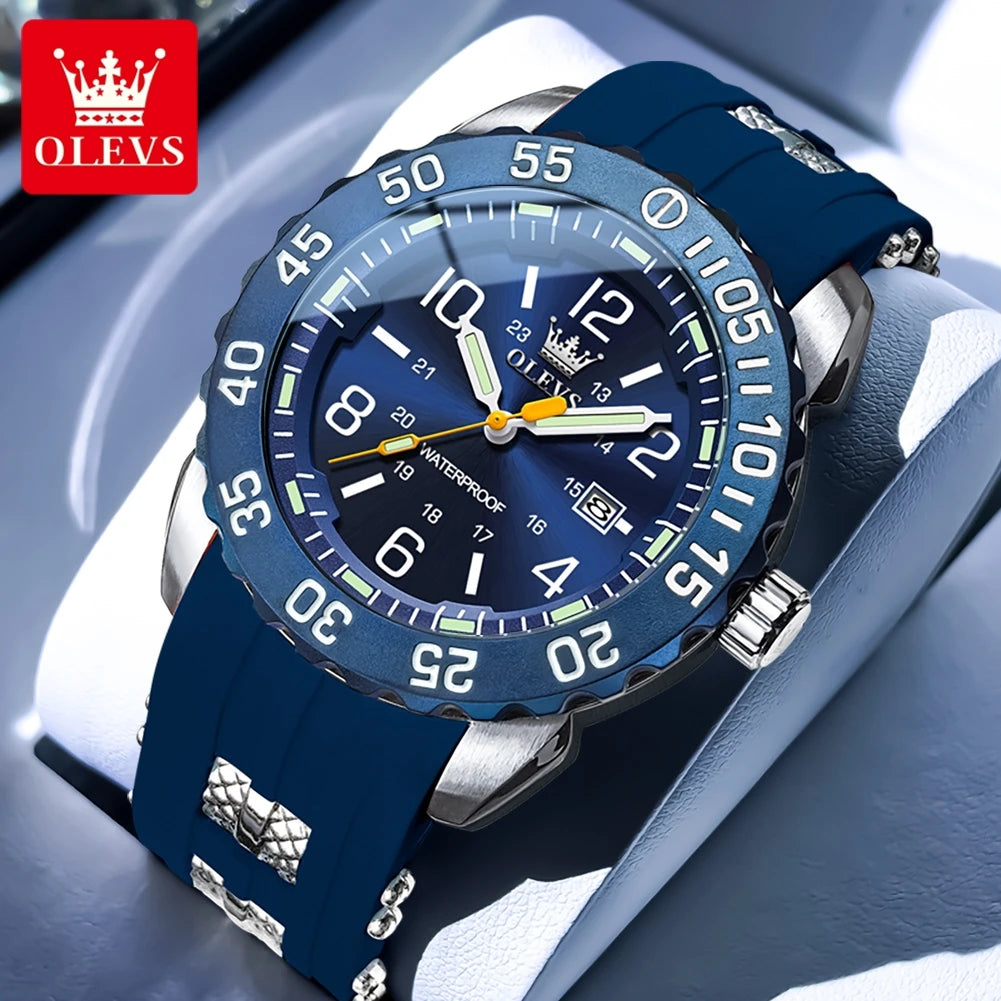 OLEVS Luxe herenhorloge met kwartsmechanisme, waterdicht, lichtgevend oranje siliconen band, sportieve herenhorloges in militaire stijl