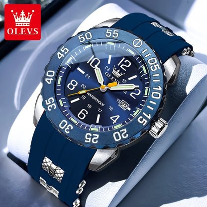 OLEVS Luxe herenhorloge met kwartsmechanisme, waterdicht, lichtgevend oranje siliconen band, sportieve herenhorloges in militaire stijl