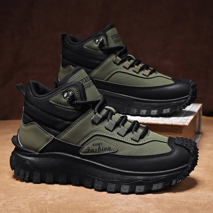 Bottes de randonnée mi-hautes pour hommes, noires et blanches, en cuir imperméable, baskets à plateforme antidérapantes, chaussures décontractées d'extérieur avec semelle robuste