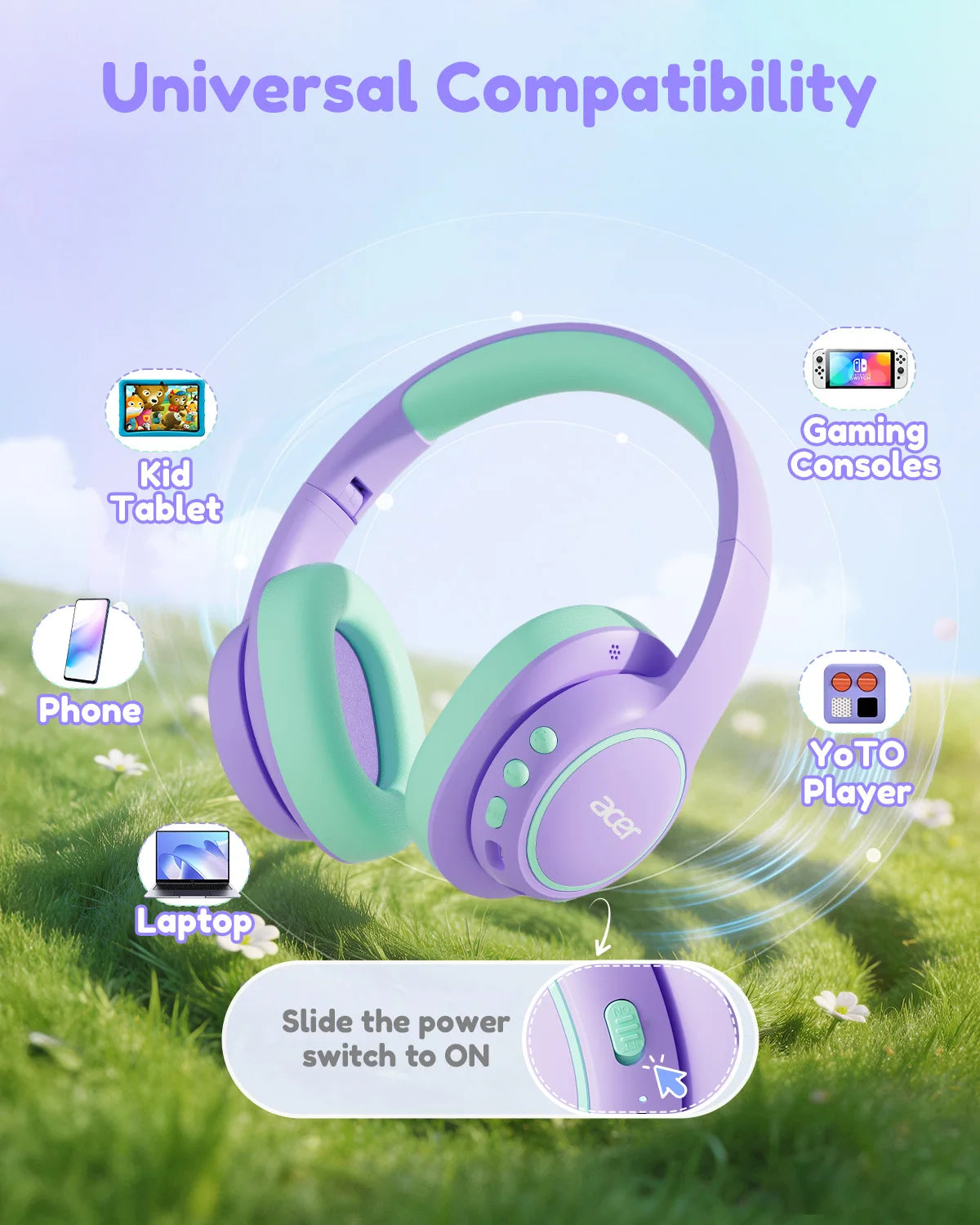 Acer Kids Bluetooth 6.0 Headphones Over Ear Headsets with Mic 75H Playtime 85dBA Safe Volume USB C Fast Charging for IPad Tablet