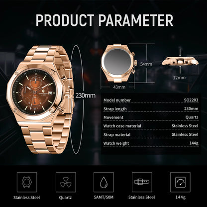 SAPPHERO Roségouden herenhorloge, modieus luxe horloge, roestvrijstalen horloge, waterdicht tot 50 m, herenhorloge, nieuwjaarscadeaus