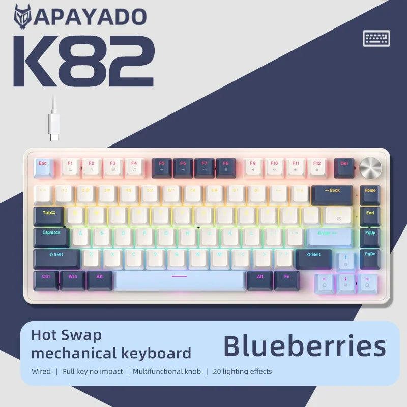 75% Mechanical Keyboard Wired with Media Knob APAYADO Black Gaming Keyboard Hot-Swap ABS Cap Transparent Character Backlighting
