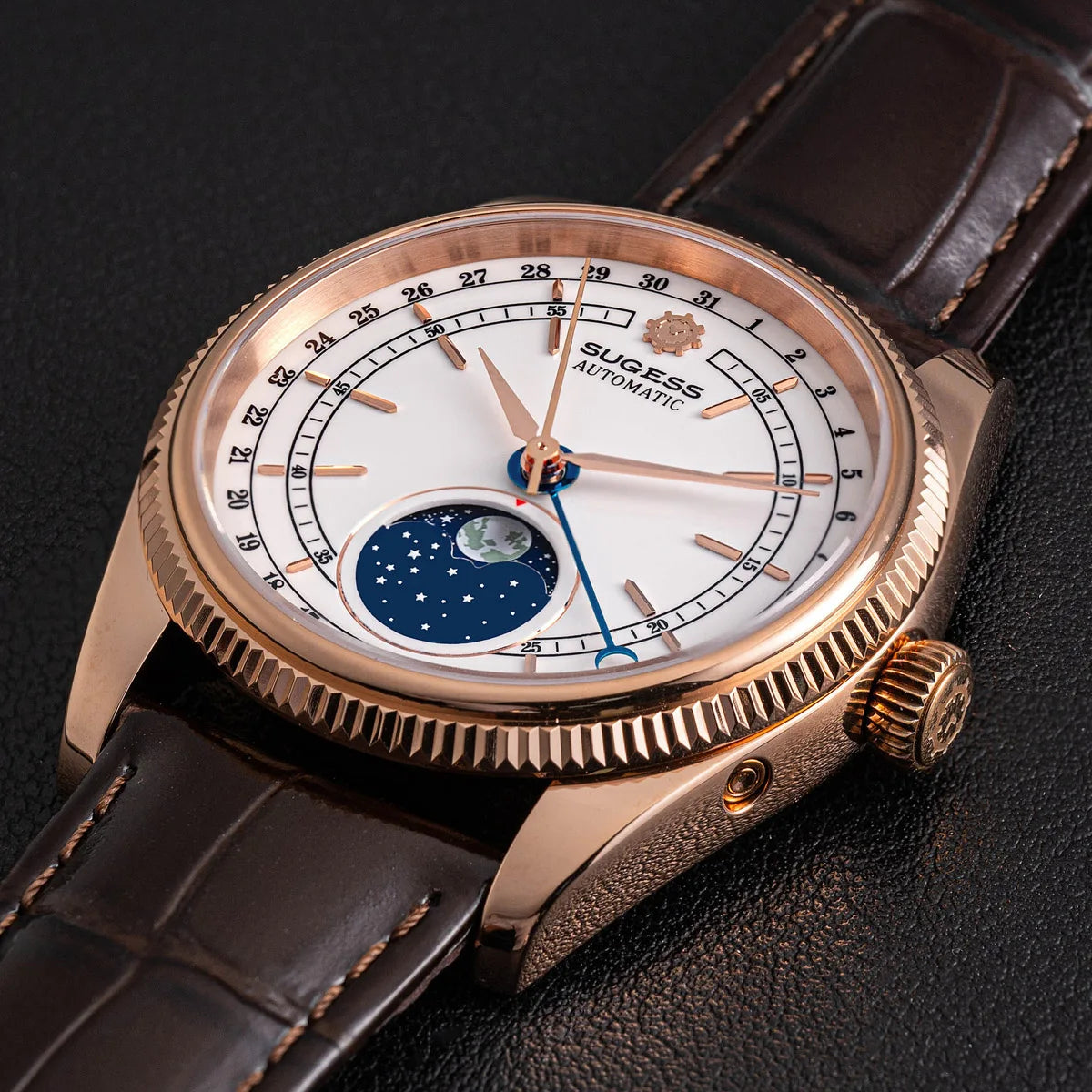 Sugess 40mm Men's Moonphase Automatic ST2108 Movement Sapphire Crystal Mechanical Wristwatch Waterproof Date 2024 New