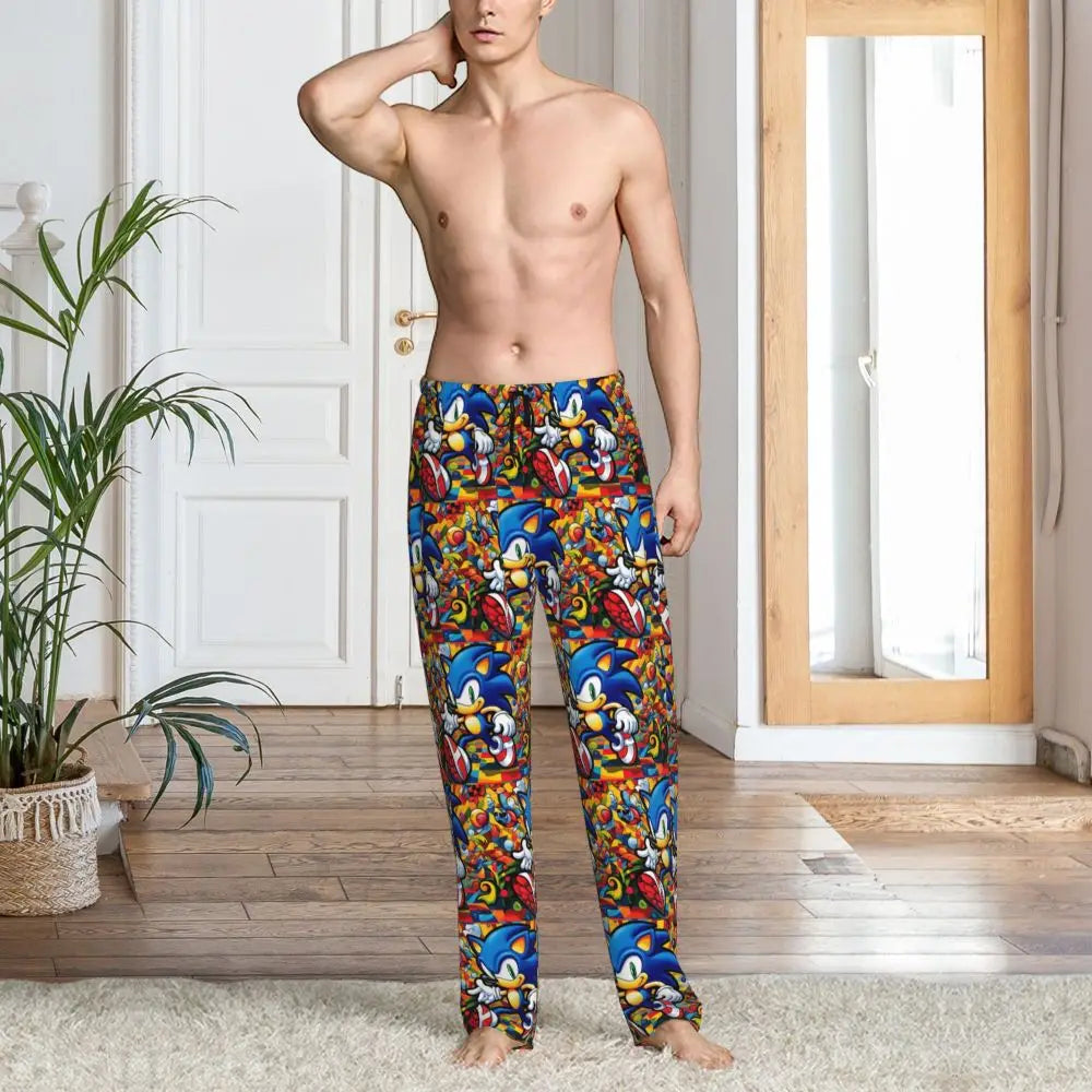 Pantalones de pijama personalizados para hombre con estampado «Soniced», con motivo de erizo, ropa de dormir, pantalones de estar por casa con bolsillos