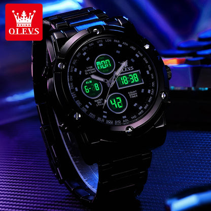 OLEVS herreur – Vandtæt kvartsarmbåndsur i rustfrit stål med LED-display – Sporty og trendy design (model 1106)