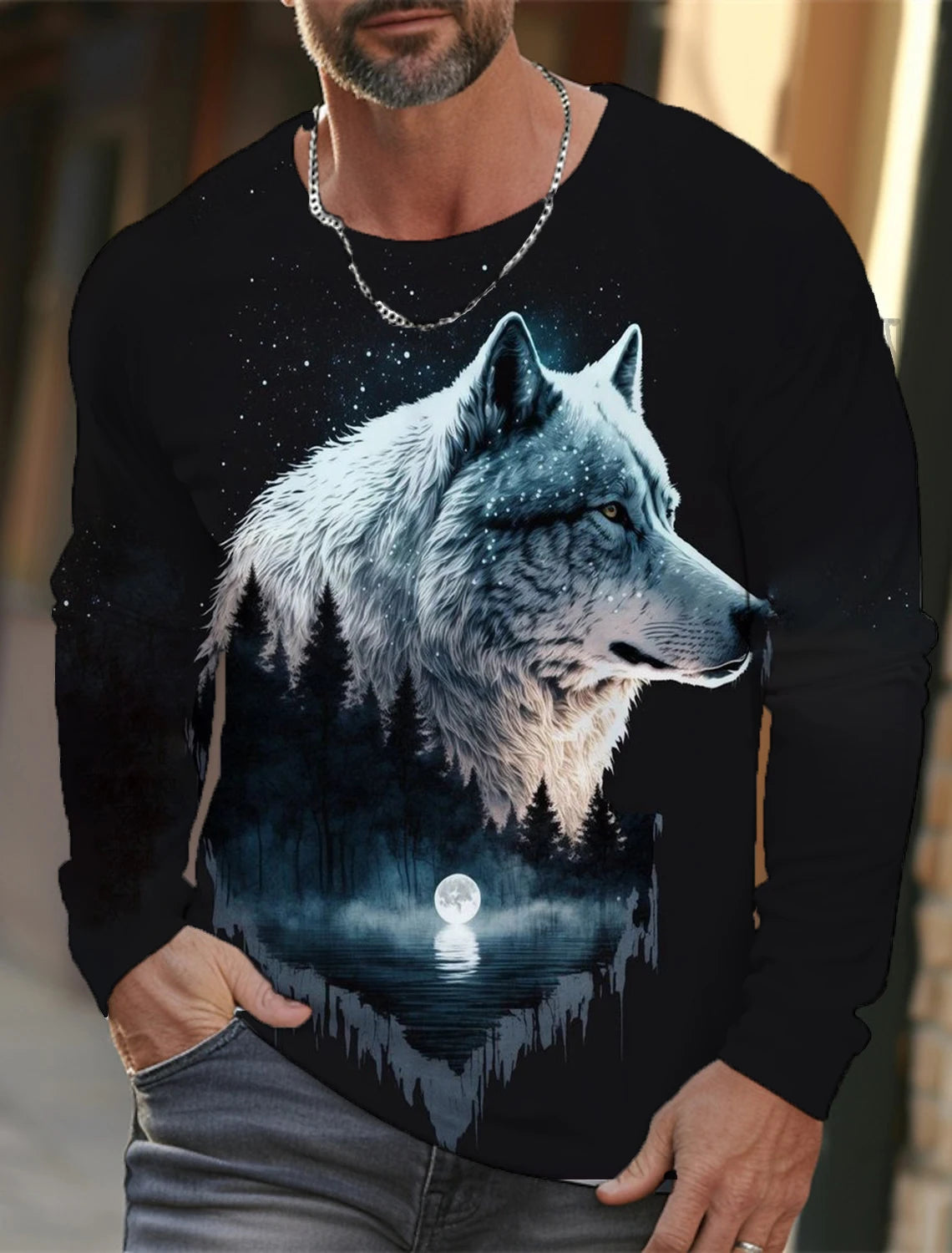 The Wolf Graphic Men's Long Sleeve T-shirt Casual Top Tee Shirt Fashion Animal 3D Full Printing Streetwear