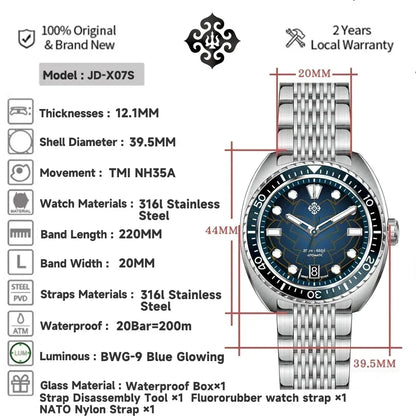IXDAO IPOSE 2026 New Men's Automatic Mechanical Watch Poseidon Pattern Diving Watch 20Bar Stainless Steel BWG-9 Reloj Hombre