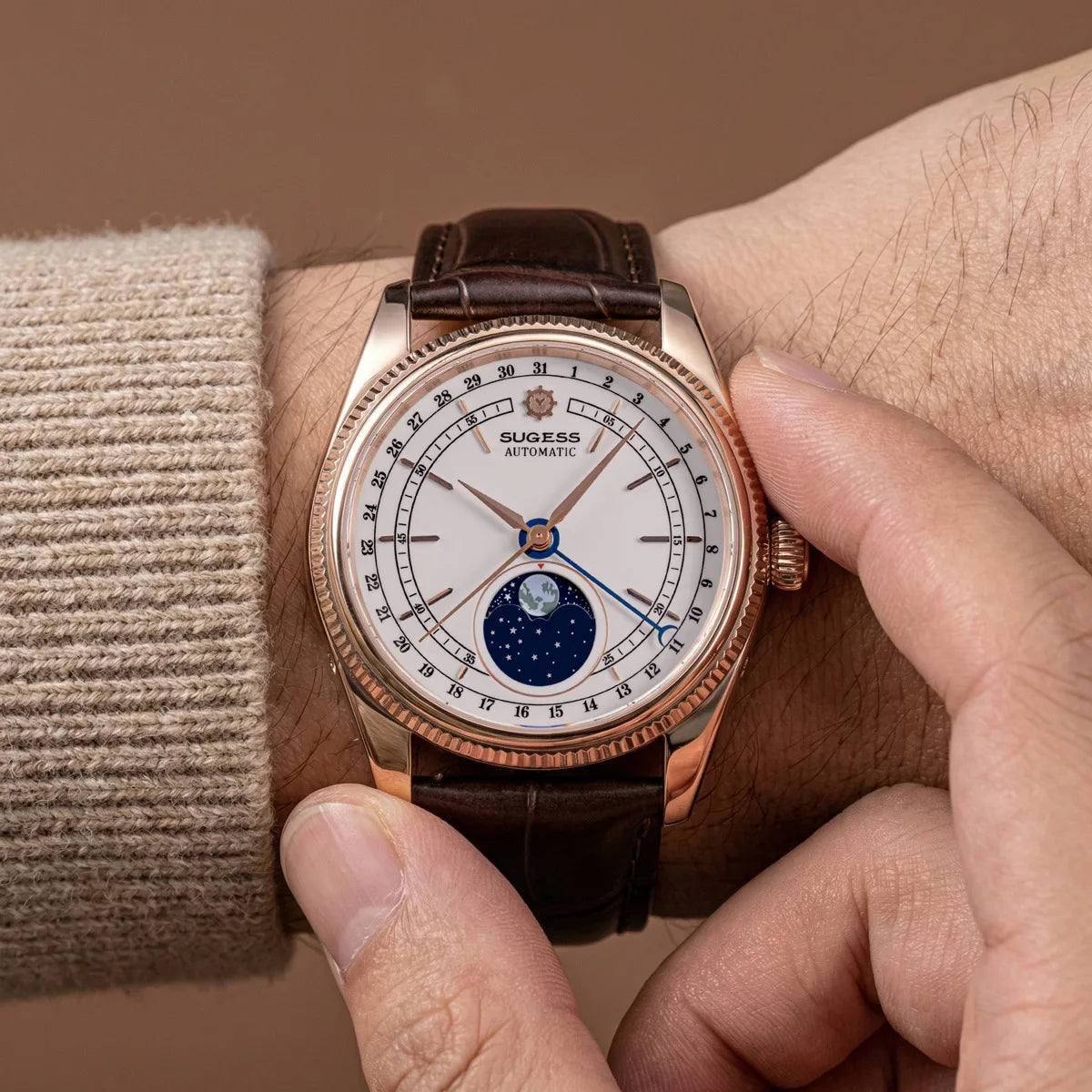 Sugess 40mm Men's Moonphase Automatic ST2108 Movement Sapphire Crystal Mechanical Wristwatch Waterproof Date 2024 New