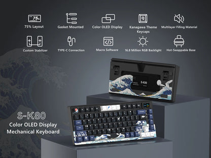 womier S-K80 Sea Wave Hot Swappable Gaming Keyboard Wired Mechanical Keyboard with Color OLED Display Gasket Mount RGB Keyboard