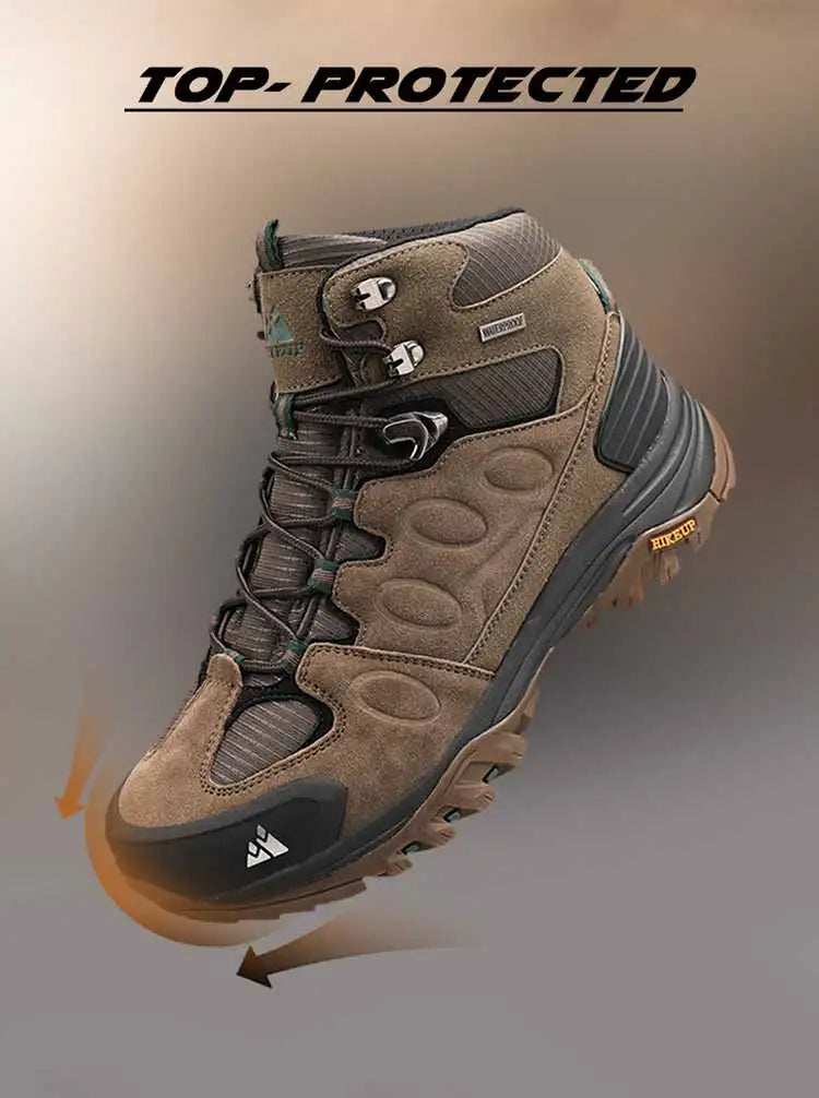 Botas de caminhada de cano alto para homem HIKEUP, calçado de inverno para exterior, com atacadores, antiderrapante, desportivo e casual, botas de trekking em camurça, quentes para homem