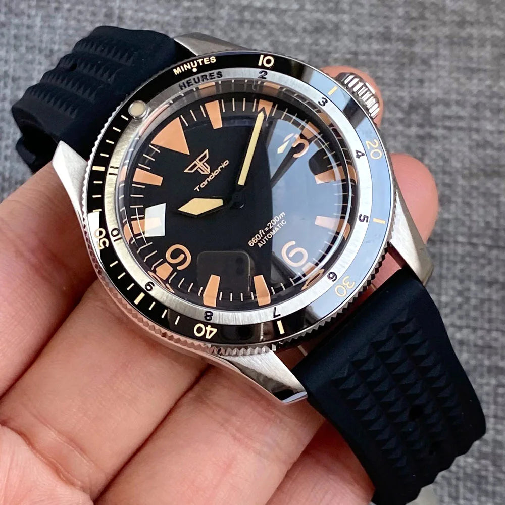 Tandorio NH35A PT5000 Mechanical Men's Watch 20BAR Waterproof Sapphire Luminous Red Black Dial Stainless Steel Bracelet New Clock