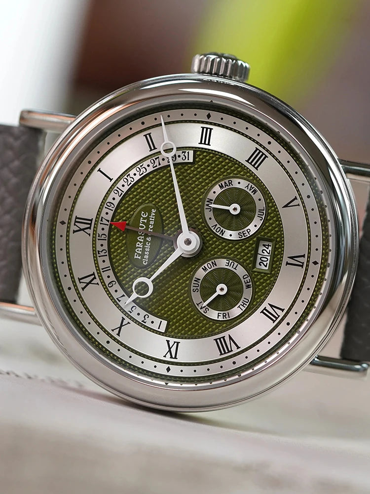 FARASUTE Men's Mechanical Watch Flyback Function Seagull Movement Month Display Week Display Calendar YearDisplay Sapphire Watch
