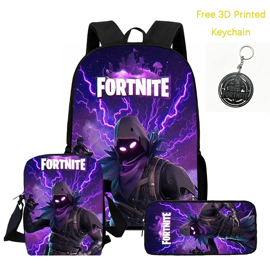 3Pcs Kids Backpack Set, Crossbody & Pencil Bag, FORTNITE Cartoon Bag, Lightweight for Boys Girls 5-10, Free 3D Printed Keychain