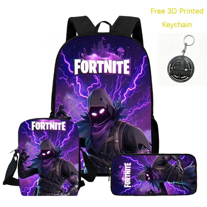 3Pcs Kids Backpack Set, Crossbody & Pencil Bag, FORTNITE Cartoon Bag, Lightweight for Boys Girls 5-10, Free 3D Printed Keychain