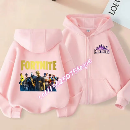 Casacos com capuz e fecho para criança Fortnites, sweatshirts Anime Fortress Night, sweatshirts gaming de primavera/outono, roupa desportiva infantil, presente