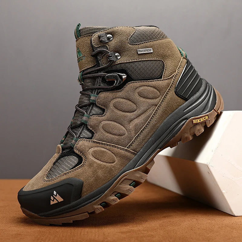Botas de caminhada de cano alto para homem HIKEUP, calçado de inverno para exterior, com atacadores, antiderrapante, desportivo e casual, botas de trekking em camurça, quentes para homem