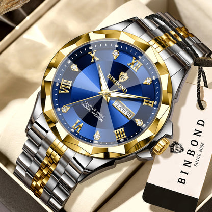 Montre à quartz pour homme BINBOND – Montre-bracelet de luxe, lumineuse et étanche, avec affichage du jour de la semaine et date automatique.