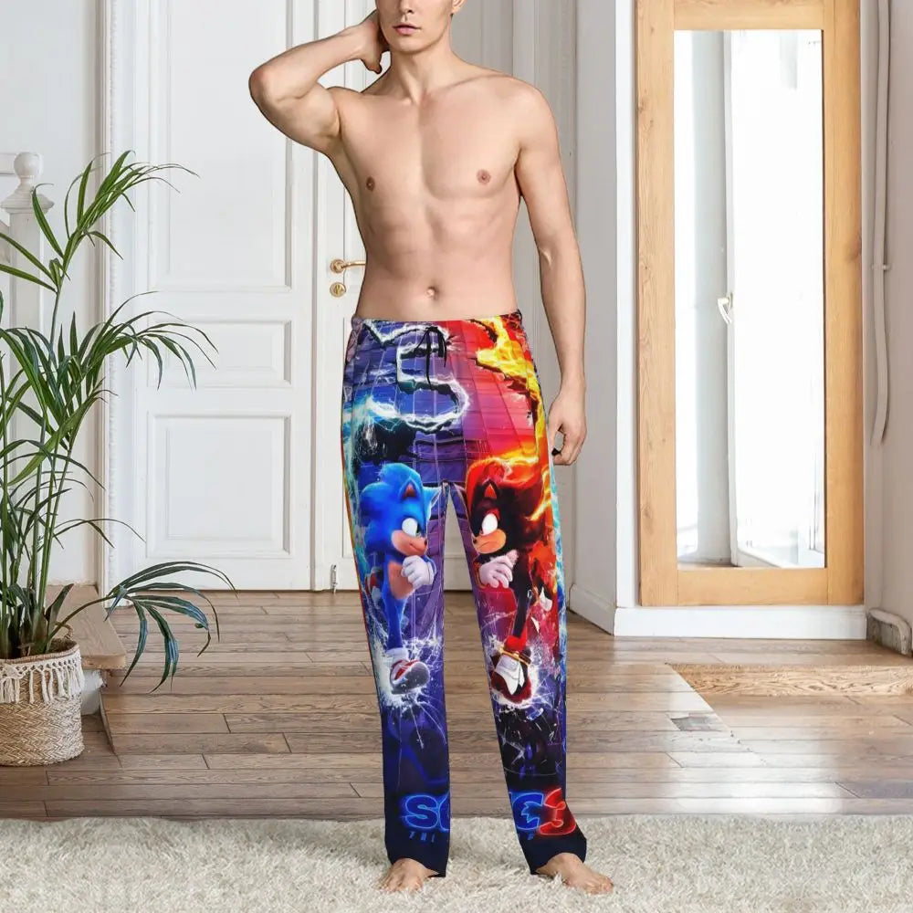 Pantalones de pijama personalizados para hombre con estampado «Soniced», con motivo de erizo, ropa de dormir, pantalones de estar por casa con bolsillos