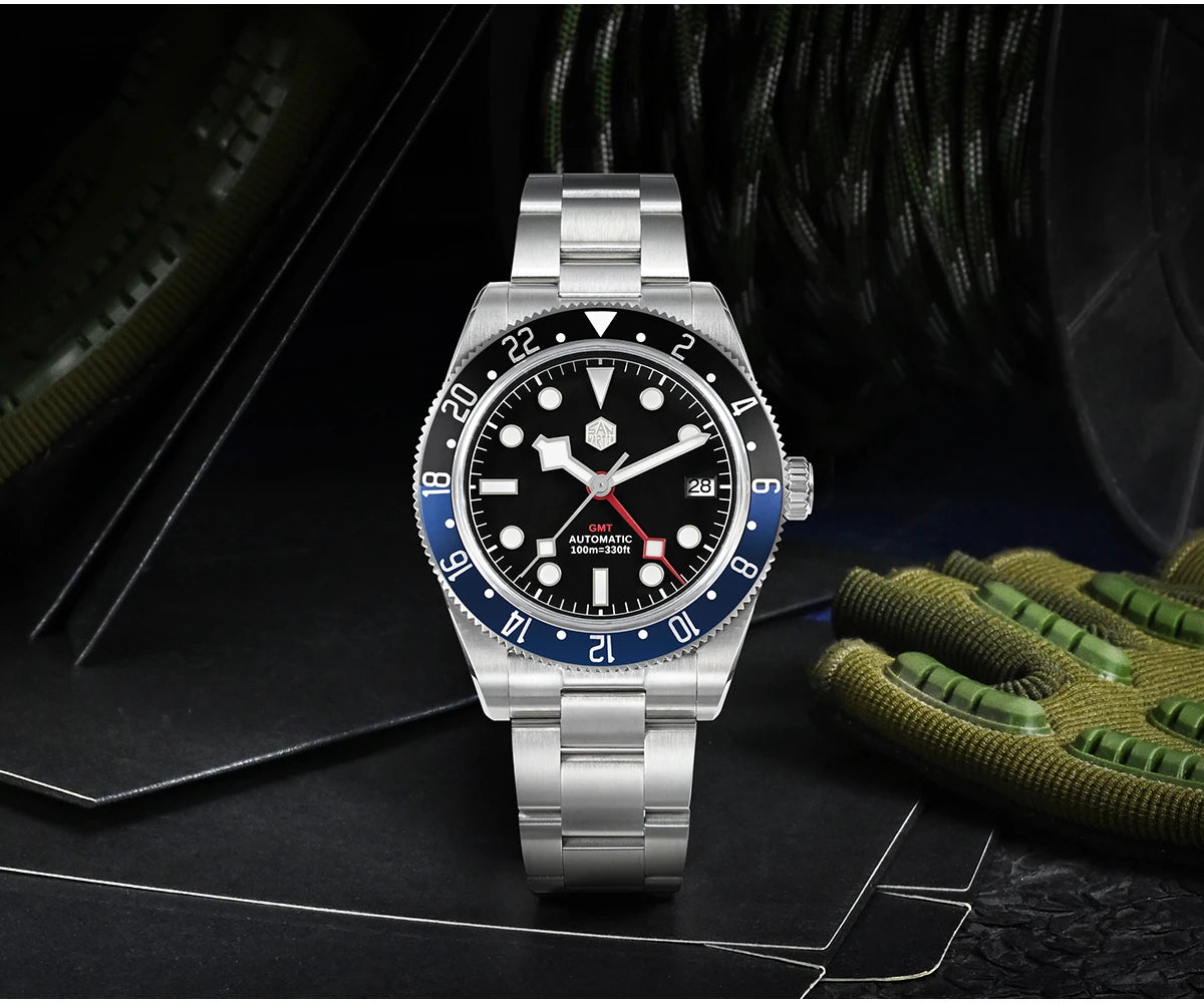 San Martin 39mm NH34 GMT Men's Luxury Watch Bidirectional Aluminum Bezel Automatic Mechanical Sapphire 100M Waterproof SN0109