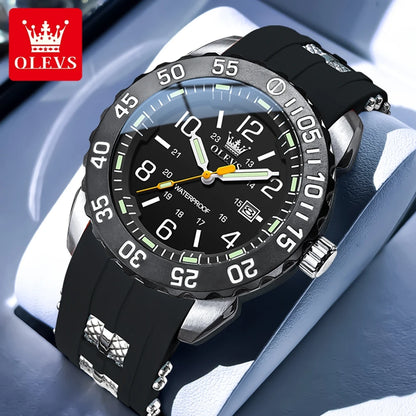 OLEVS Luxe herenhorloge met kwartsmechanisme, waterdicht, lichtgevend oranje siliconen band, sportieve herenhorloges in militaire stijl