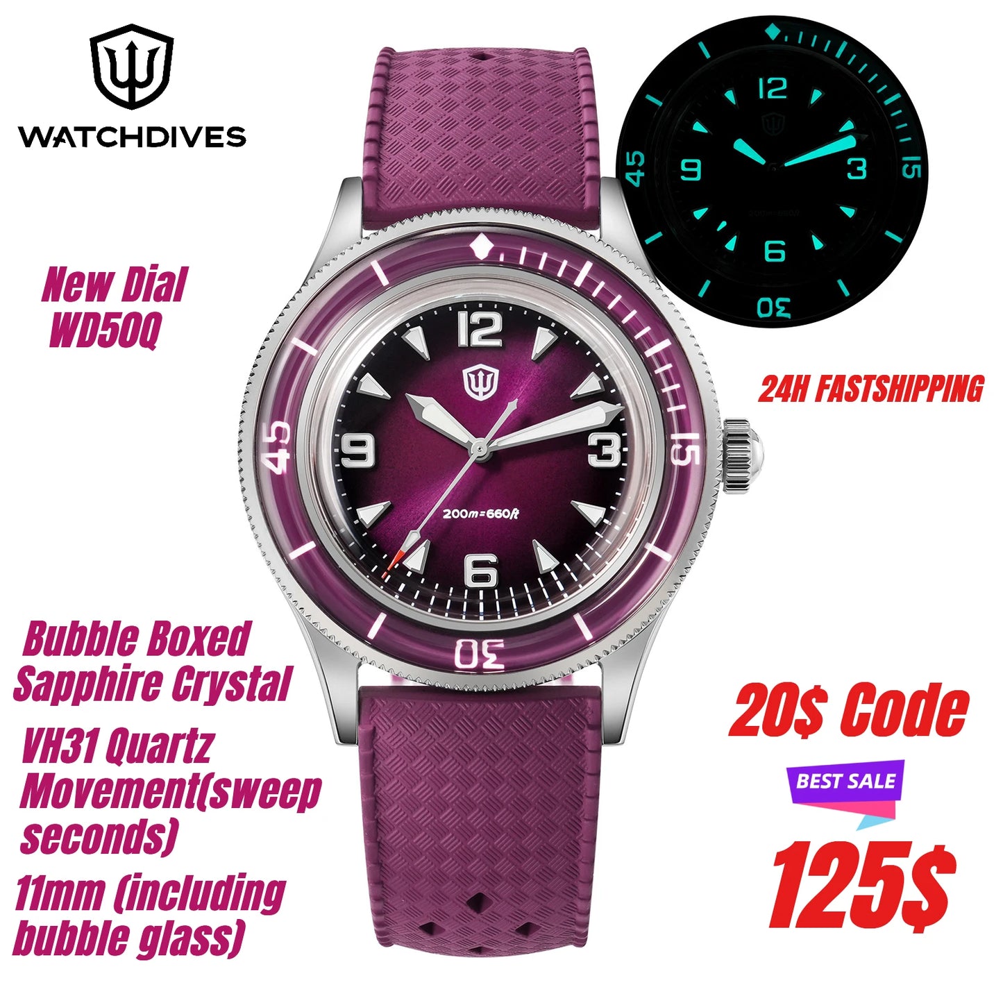 Watchdives WD50Q 38mm Watch Stainless Steel VH31 Sweep Seconds Quartz Movement Men Watches Bubble Sapphire Luminous Waterproof