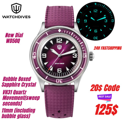 Watchdives WD50Q 38mm Watch Stainless Steel VH31 Sweep Seconds Quartz Movement Men Watches Bubble Sapphire Luminous Waterproof