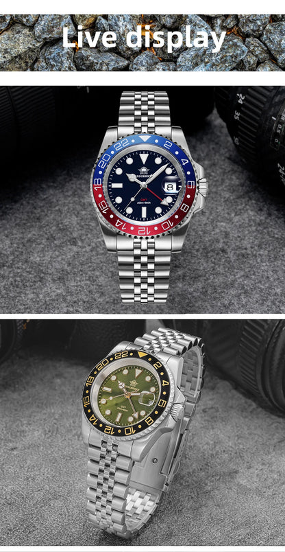 ADDIESDIVE Watch For Men Quartz GMT 20Bar Waterproof BGW9 Super Luminous 316L Stainless Steel Ceramic Bezel Watch