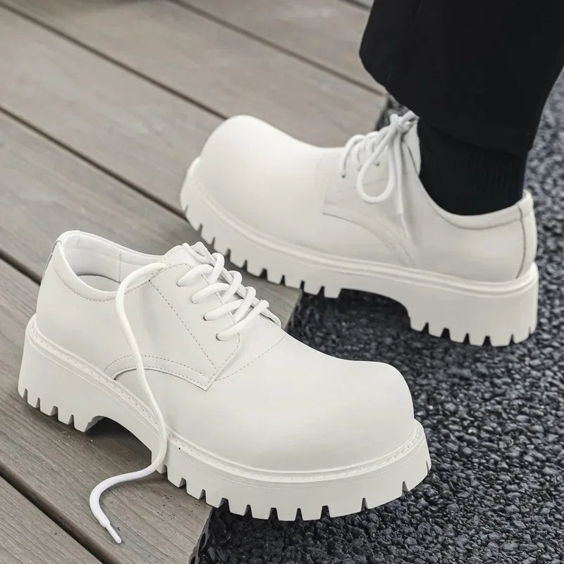 Thick Sole Casual Genuine Leather Dress Shoes Men Platform Height Increase Japan Harajuku Korean Streetwear Fashion Shoes White