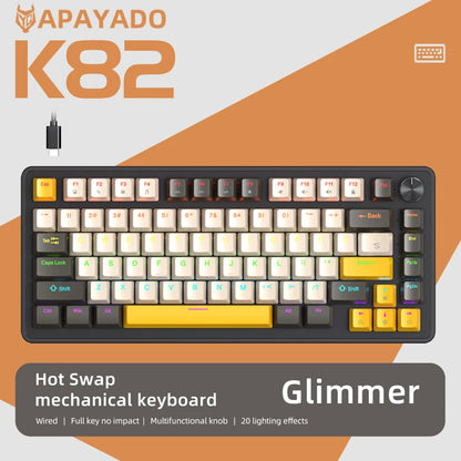 75% Mechanical Keyboard Wired with Media Knob APAYADO Black Gaming Keyboard Hot-Swap ABS Cap Transparent Character Backlighting