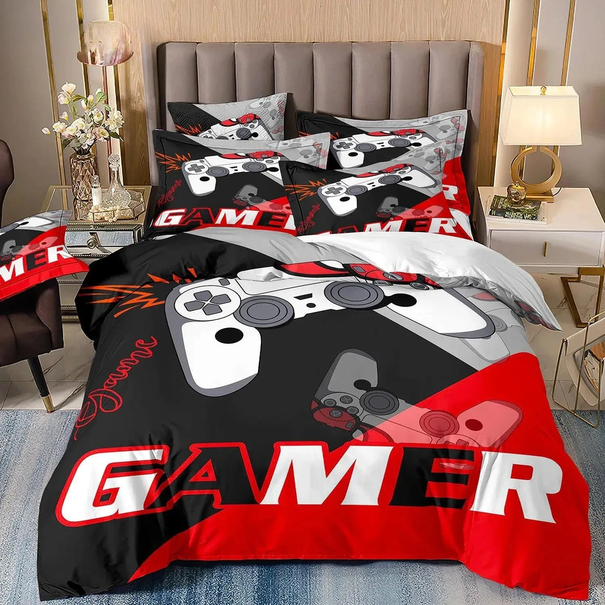 Juegos de cama para niños aficionados a los videojuegos: juego de funda nórdica «Queen» con motivos de videojuegos, juego de cama con diseños de PlayStation para chicos adolescentes