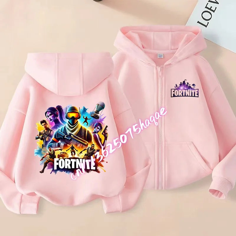 Casacos com capuz e fecho para criança Fortnites, sweatshirts Anime Fortress Night, sweatshirts gaming de primavera/outono, roupa desportiva infantil, presente
