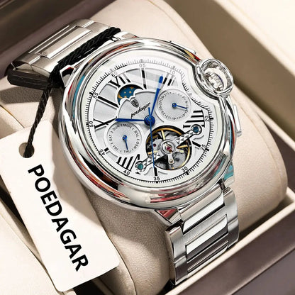 POEDAGAR Luxury Male Watch Tourbillon Date Week Stainless Steel Men Watch Waterproof Automatic Mechanical Military Men's Watches