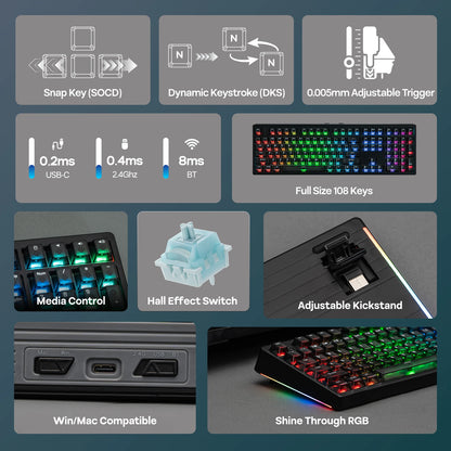 EPOMAKER HE108 100 % ANSI US QWERTY -asettelulla varustettu langallinen/BT/2,4 GHz langaton Hall-efektipohjainen mekaaninen näppäimistö, jossa on SOCD/DKS- ja Rapid Trigger -ominaisuudet