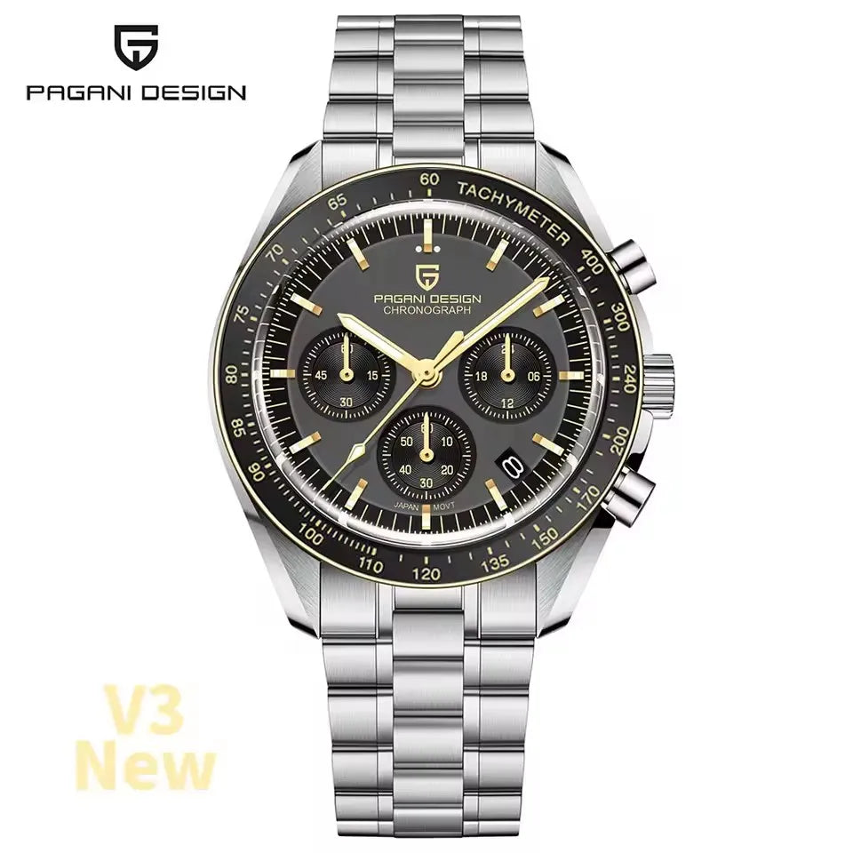 Relógio para homem PAGANI DESIGN «New Moon» – Relógio de quartzo de luxo, cronógrafo, vidro de safira com tratamento antirreflexo, luneta em cerâmica, ponteiros luminescentes