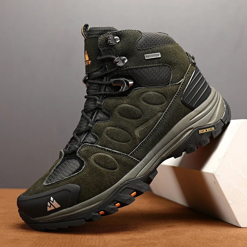 Botas de caminhada de cano alto para homem HIKEUP, calçado de inverno para exterior, com atacadores, antiderrapante, desportivo e casual, botas de trekking em camurça, quentes para homem