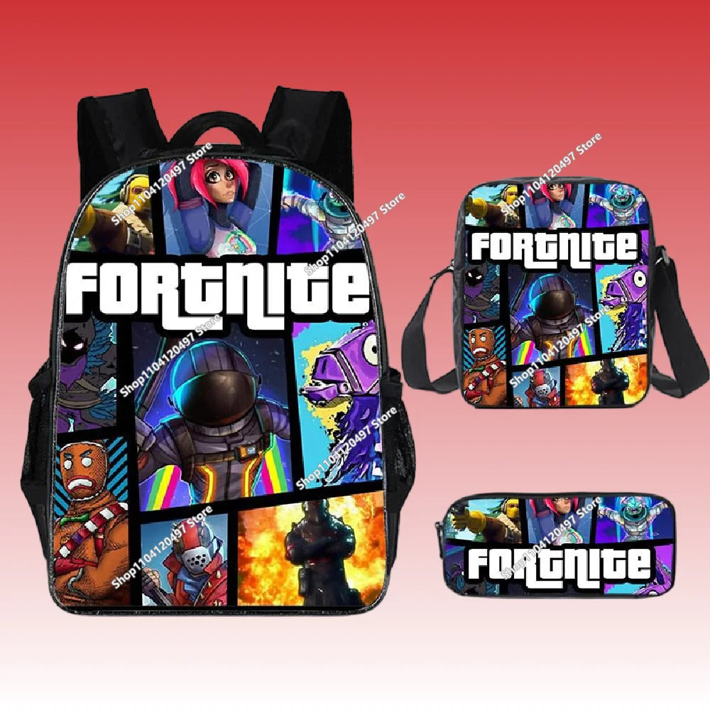 Fortnite Anime Character New Backpacks Cartoon Battle Royale Student 3-piece Set Book Bag Meal Box Pen Bag Anime Gifts