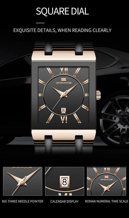 Men Business Watch Simple Design Luxury Fashion Rectangular Black Gold Stainless Steel Calendar Waterproof Quartz Men's Watches
