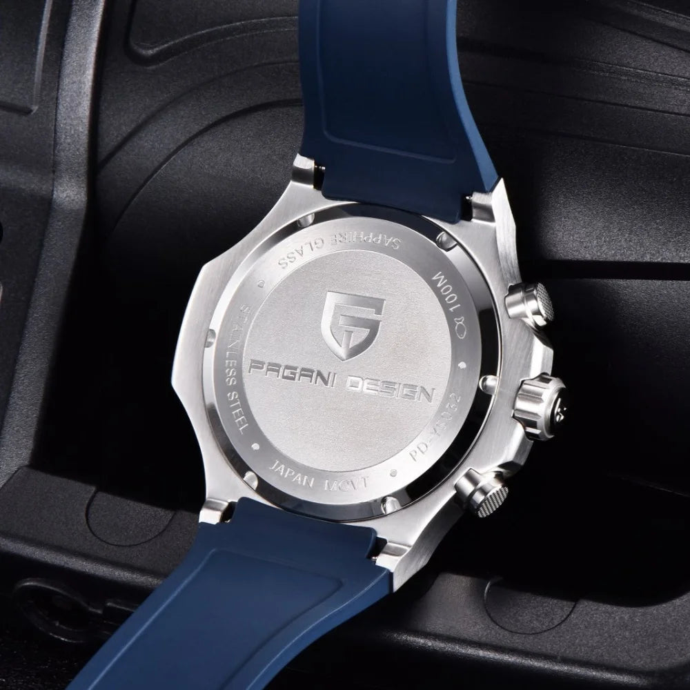 PAGANI DESIGN PD-YS032 Men's Quartz Watch 44mm Japan VK64 Movement Stainless Steel Case Rubber Strap Sapphire Glass 100M Waterproof