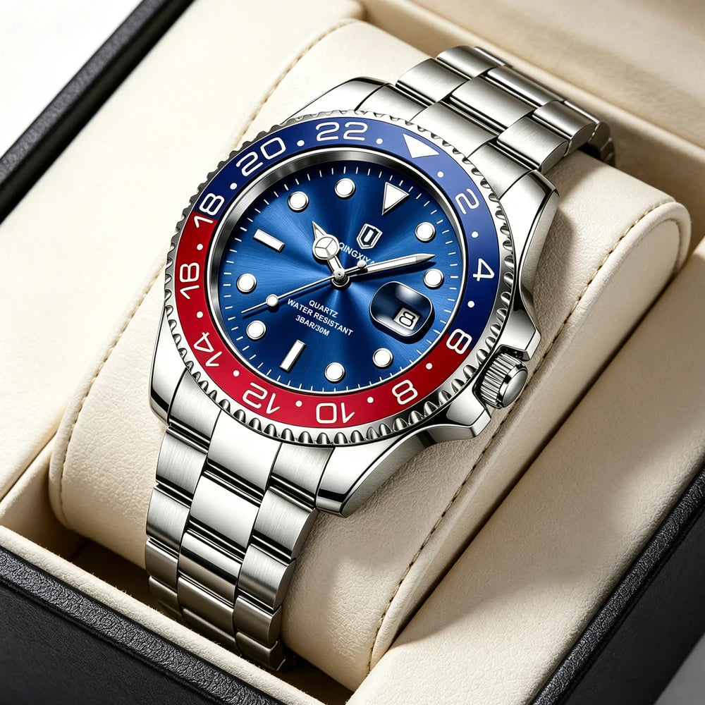 QINGXIYA Luxe herenhorloges met kwartsmechanisme, roestvrij staal, waterdicht, verlicht, datumweergave, herenpolshorloge, reloj hombre