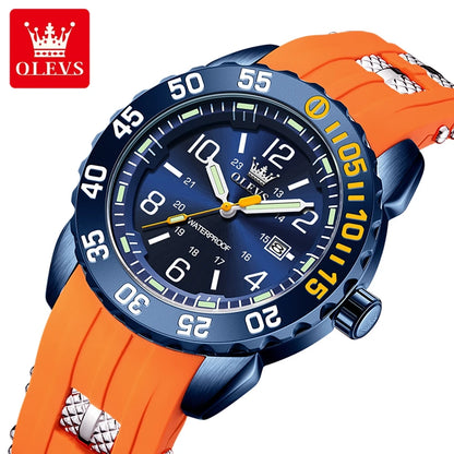 OLEVS Luxe herenhorloge met kwartsmechanisme, waterdicht, lichtgevend oranje siliconen band, sportieve herenhorloges in militaire stijl
