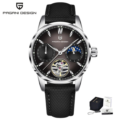 PAGANI DESIGN – Ceas mecanic de lux pentru bărbați, 41 mm, sticlă de safir, curea din piele, rezistent la apă, stil pilot, cu turbilion și fază lunară