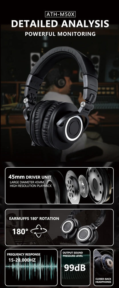 Sanpusen ATH M50X Over-Ear Wired Headphones Professional Monitor Studio Recording Mixing Monitoring HiFi Sound