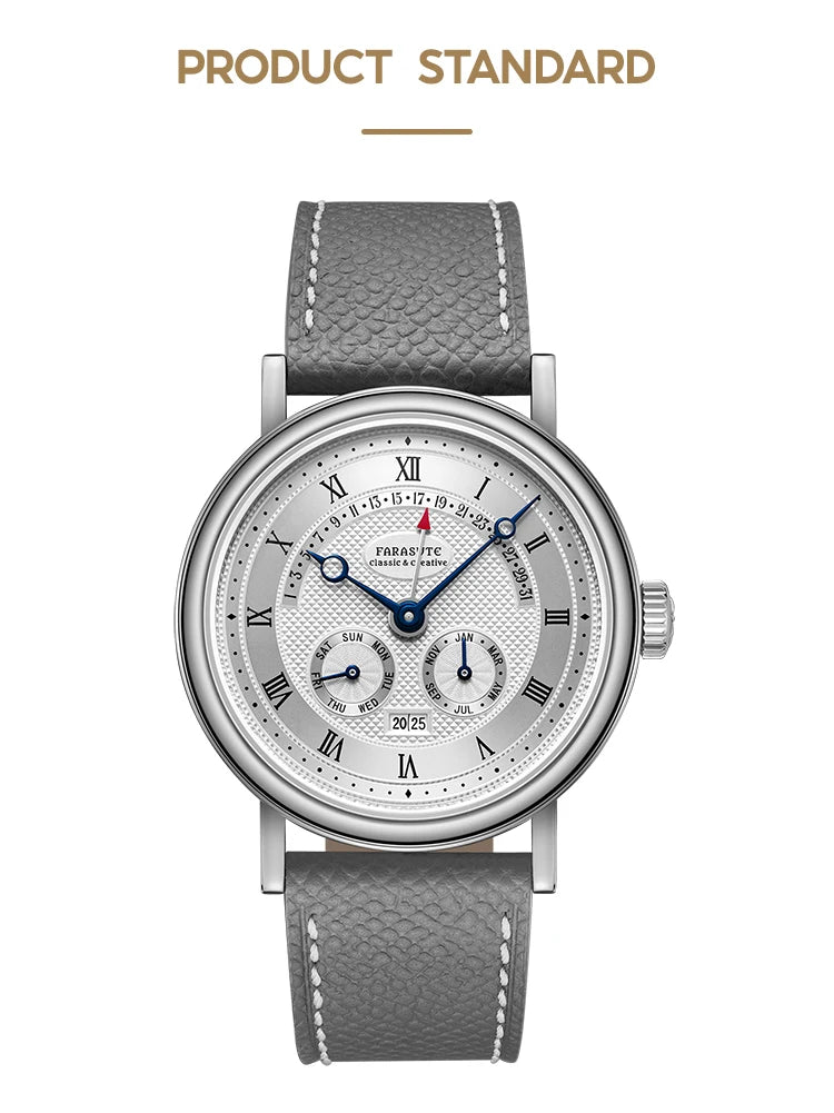 FARASUTE Men's Mechanical Watch Flyback Function Seagull Movement Month Display Week Display Calendar YearDisplay Sapphire Watch