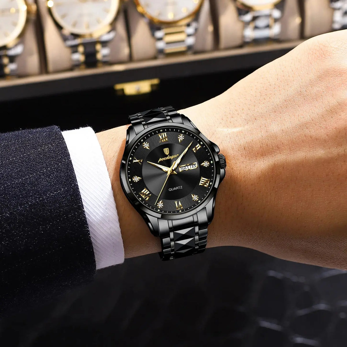 POEDAGAR herenhorloge, origineel luxemodel, waterdicht, verlicht, met datum- en dagweergave, elegante stijl, roestvrijstalen kast, quartz uurwerk, ideaal voor op het werk.