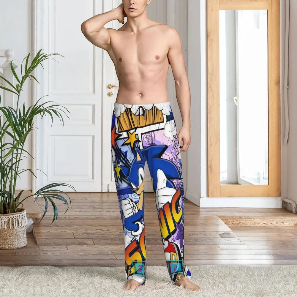 Pantalones de pijama personalizados para hombre con estampado «Soniced», con motivo de erizo, ropa de dormir, pantalones de estar por casa con bolsillos