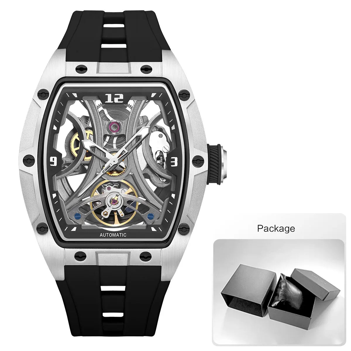 MEGIR Sports Style Automatic Mechanical Watch for Men Full Hollow Transparent Dial Design Stainless Steel Case Silicone Strap